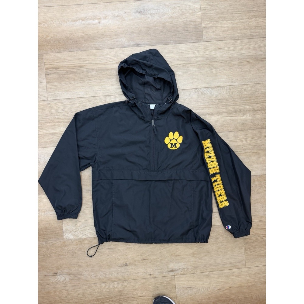 Champion Mizzou Missouri Tigers Windbreaker Jacket Mens L Black Hooded Anorak